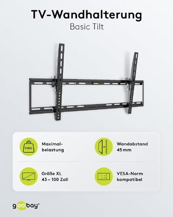 Настінний кронштейн для телевізора goobay Basic TILT XL (43–100 дюймів), нахил 10°, ультратонкий 45 мм, VESA 800x400, до 75 кг, 49743