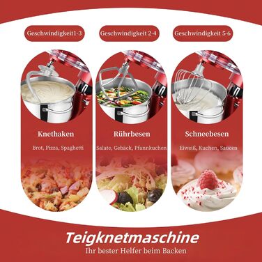 Кухонна машина Küchenmaschine 6.2 л, 1400 Вт, 6 швидкостей з набором насадок (міксер, гак для тіста, вінчик)