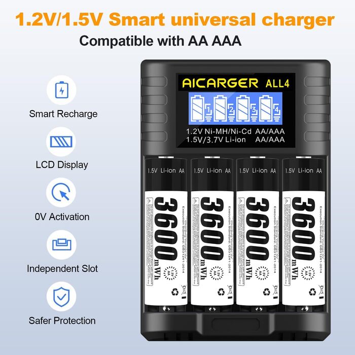 Зарядний пристрій для акумуляторів AA/AAA AICARGER з LCD дисплеєм, 4 слоти, 5V/2A, USB-C, 4 x AA 3600mAh в комплекті