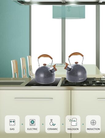 Чайник BELANKO 2,5 л з свистком, нержавіюча сталь, з дерев'ястим декором, складаний ручка, для чаю, кави, молока – блакитний (сірий)