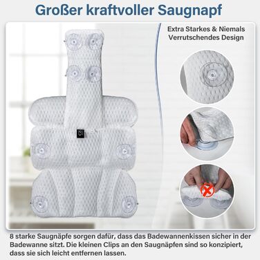 CZL Bathtub Pillow - Neck Pillow for Bathtub with 8 Suction Cups - 3-Piece Neck Pillow - Bathtub Accessories - Bath Pillow - Bathtub Cushion - Bathtub Pillow for Bathtub - White