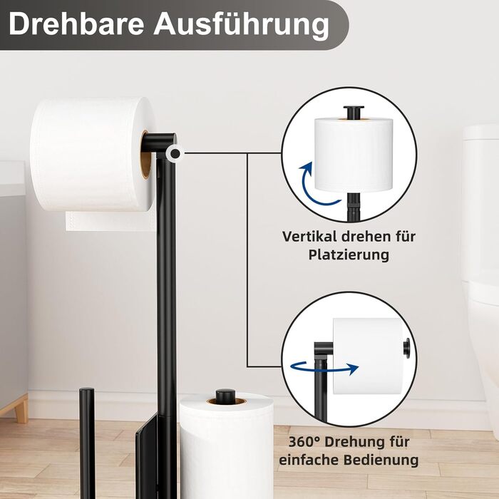 Stainless Steel Toilet Paper Holder with Brush - Standing Toilet Paper Roll Holder & WC Brush Set with Glass Shelf (Matte Black)