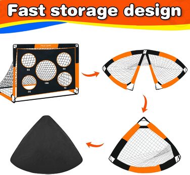 TTCB Sports 2-in-1 Kids Soccer Goal - 5 Target Areas, Pop-Up Soccer Goal Net with Carry Bag, Ideal for Soccer Training & Gifts for Boys - Orange, 150x120x120cm