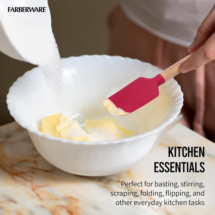 Farberware Wooden Baking Set, including mini baking brush, slotted spatula, perfect for sweet and savory dishes, 3-piece set, red
