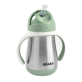 BÉABA, 2-in-1 Stainless Steel Drinking Bottle for Kids, Bottle/Glass Functionality, Push-Button for Easy Opening, Stable, Healthy, Detachable Handles, Stainless Steel Cold/Warm Insulation Function, 350ml, Old Pink (Pale Green - 250ml)
