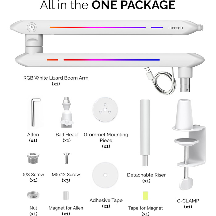 Підставка для мікрофона IXTECH RGB з низьким профілем, регульована, з кріпленням для столу та кабельною організацією, для стрімінгу та подкастів (5 ящірок RGB)