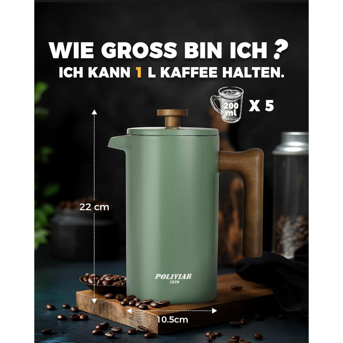 Poliviar French Press Coffee Maker 1 Liter/8 Cups, Double-Walled Insulated Coffee Carafe and Teapot, Manual Filter Coffee Press with Plunger & Wooden Handle, Flatland (Green) JX2020-FPN-DE 1000ml Wild Green