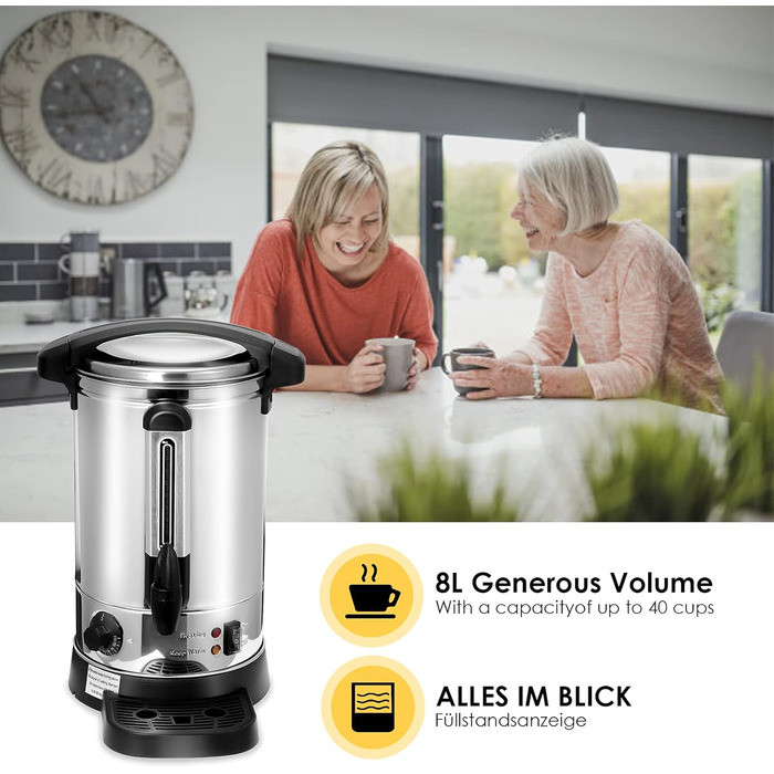 8L Mulled Wine Warmer - Stainless Steel Mulled Wine Pot with Drip Tray, Tap, and Temperature Setting (30-110°C) - Mulled Wine Dispenser / Hot Beverage Dispenser