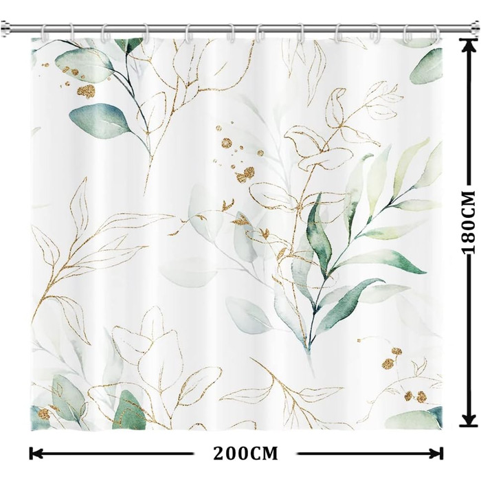 Штора для душу 200x180 см з евкаліптом, зелені листки, анти-грибок, акварель, рослини, водонепроникна, поліестер, з 12 гачками для ванної кімнати