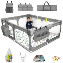 JINXIA Playpen Baby 190x150cm, Baby Safety Gate with Breathable Mesh and Mattress, Extra Large Playpen for Babies and Toddlers, Robust Safety Play Yard for Indoor Fun, XXL, Grey 190×150cm