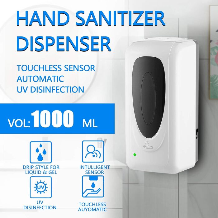 Jewaytec Automatic Hand Sanitizer Dispenser 1000ml, Wall Mount Electric Automatic Soap Dispenser with Sensor, Alcohol Spray Device Hand Sanitizer Dispenser with Sensor for Home Commerce