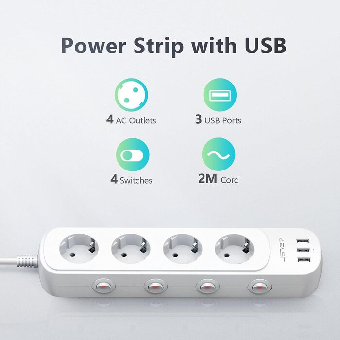 Мережева стрічка JSVER з індивідуальним керуванням, 4 розетки, 3 USB-порти (3680W, 16A), з вимикачем, 1.5м (біла)