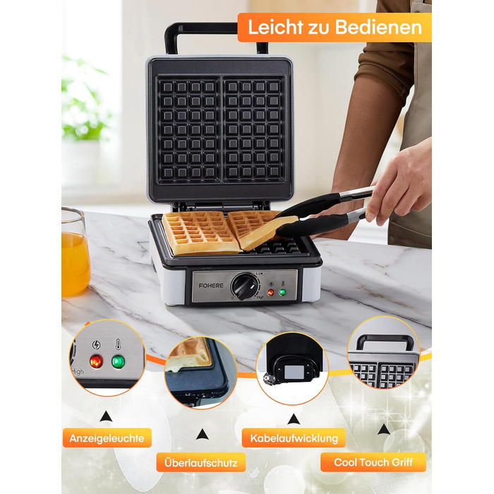 Електричний вафельниця FOHERE 2 шт. | 1200 Вт | Вафельниця, гриль для сендвічів, тостер | Антипригарне покриття