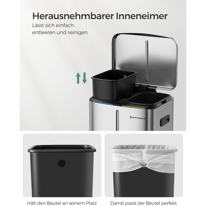 SONGMICS Відро для сміття 40 л з 2 відсіками (2 x 20 л), металевий третемер з пластиковим внутрішнім відром, Softclose, герметичний, білий LTB40WT (срібний)