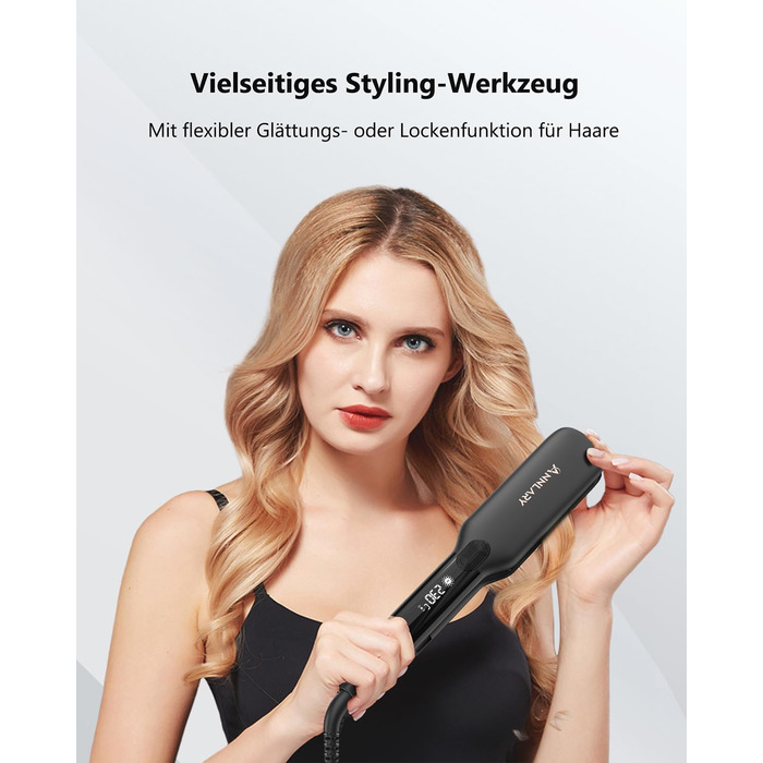 ANNLARY 2-in-1 Hair Straightener & Curling Wand with Titanium Ceramic Ion Technology - Anti-Heat Silicone Protection for Less Split Ends, Shiny Hair - Dual Voltage (110-240V) - Black/Rose Gold (1.75 inch)