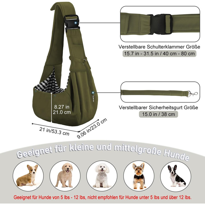 Сумка-переноска для собак PetLoft Tragetuch, реверсивна, для маленьких собак, регульована, з отвором для кріплення нашийника, для собак/кішок/кроликів (Хакі)