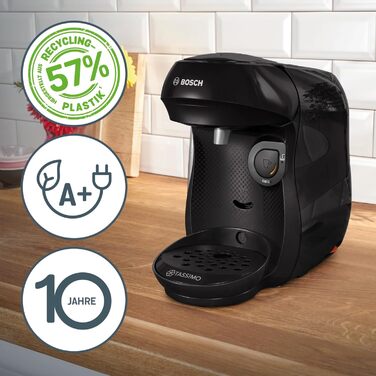 Кавомашина Tassimo Happy TAS1002N від Bosch: понад 70 напоїв, автоматична, для будь-яких чашок, компактна, 1400 Вт, антрацит (чорний). Включає декальцинатор.
