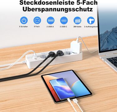 Мережевий адаптер 5-фазний з індивідуальним вимикачем, з 2 USB-A та 2 USB-C, мережевий розподільник 5-фазний з вимикачем, мережева стрічка настінна з 2м кабелем, PD 20W - Білий