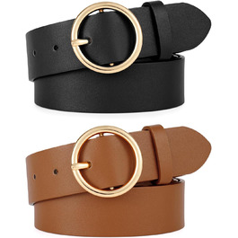 Жіночі шкіряні ремені WERFORU (2 шт.) для джинсів та штанів, з золотою пряжкою O-Ring, чорний+коричневий, розмір талії 65-75 см