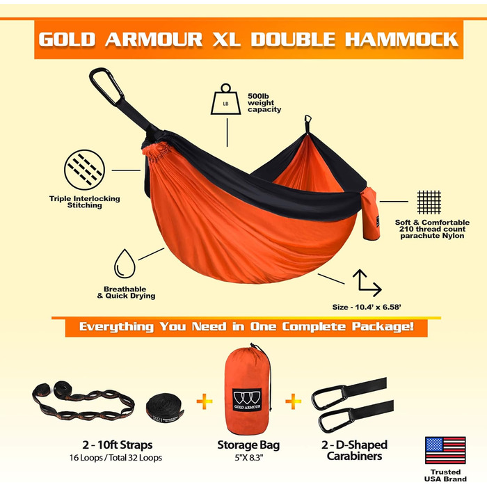 Гамак подвійний Gold Armour XL для кемпінгу та відпочинку на природі (помаранчево-чорний) з ременями для кріплення