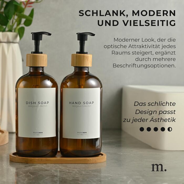 Набір дозаторів для мила та рідкого миючого засобу MaisoNovo | 2 шт. скляні дозатори 500 мл з бамбуковою помпою | Білий колір