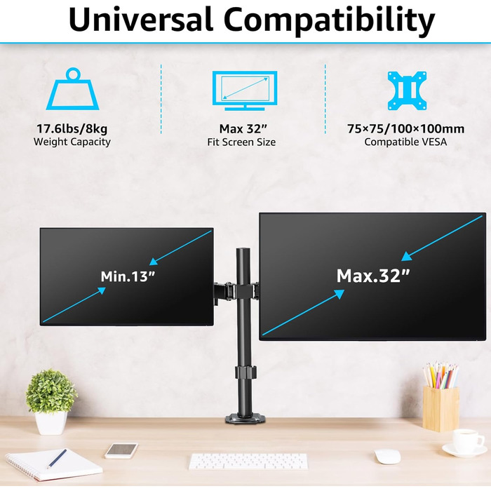 Кріплення для монітора MOUNTUP Dual - для 2 моніторів 13-32 дюйми, регульоване, настільне, VESA 75/100mm