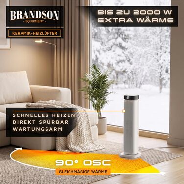 Керамічний обігрівач Brandson ECO Design 2000 Вт з дистанційним керуванням, функцією осциляції та ECO-режимом для спальні та ванної кімнати