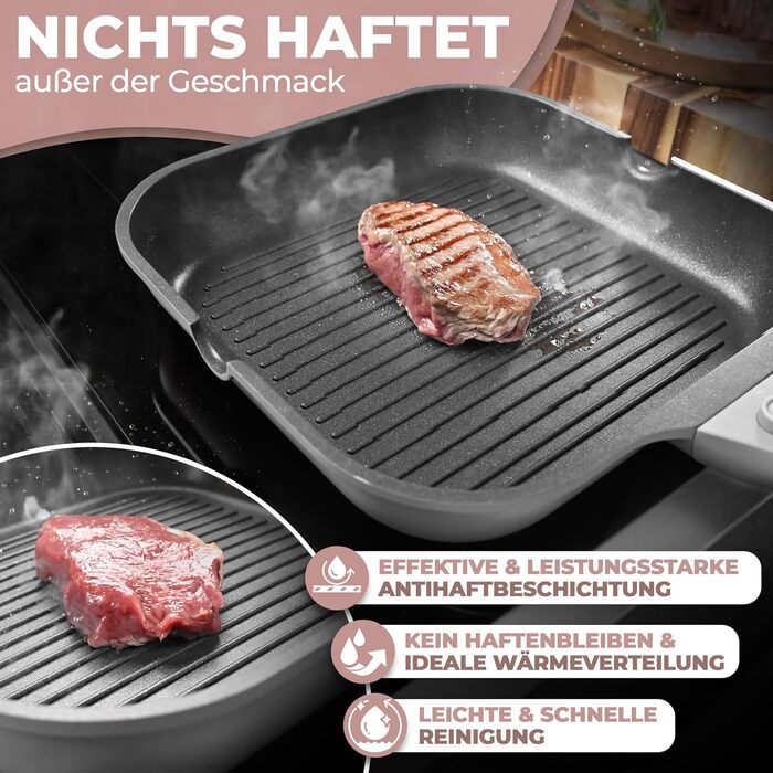 Гриль-сковорода NEU 28 см з виливом та знімною ручкою, антипригарна, без PFOA, для індукції, жаростійка, сіра