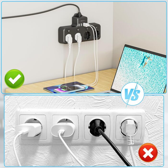Багатофункціональна мережа з USB та вимикачем, 9 розеток, 2м кабель, кутова розетка, чорний колір, індивідуальне вмикання, для кухні та столу, монтаж на стіну