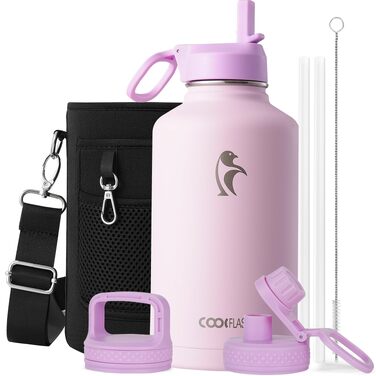 Термофляга Coolflask 2Л зі сталі з трубою та 3 кришками, вакуумна ізольована пляшка для води для спорту та подорожей, Starry Indigo Black (Рожевий, 1893 мл)