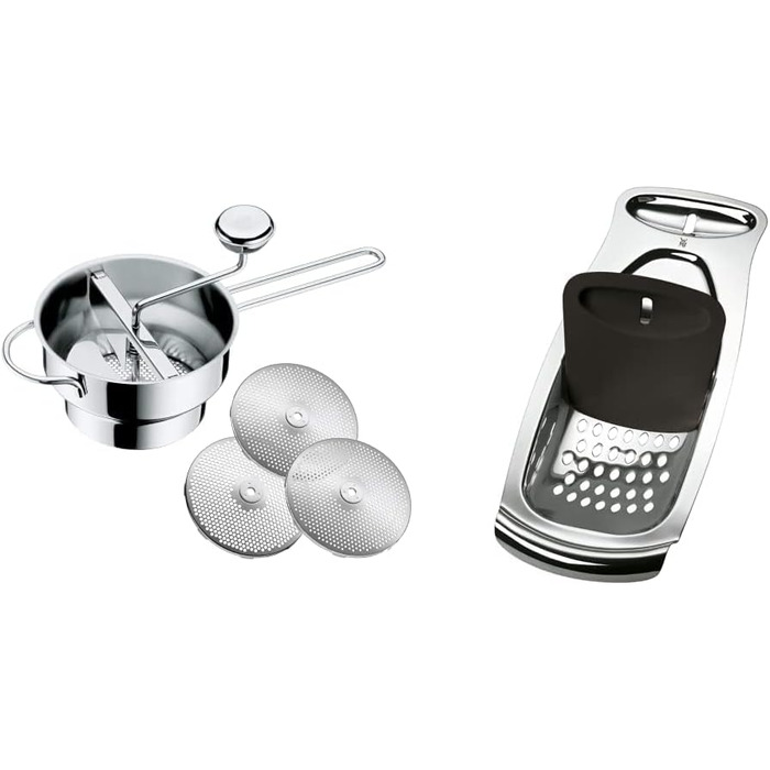 Прес-млин для овочів WMF Gourmet з 3 дисками, 19x11,5 см, нержавіюча сталь Cromargan, розбірний, та професійна терка для шпецле 35x14 см з лопаткою, нержавіюча сталь Cromargan