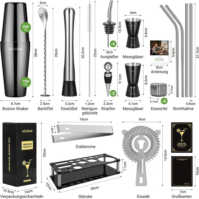 Cocktail Shaker Set, oGoDeal Boston Cocktail Shaker Black with Stand, 27pcs Bar Equipment Bartender Set Cocktail Mixer Accessories, Stainless Steel Cocktail Gift Set Mixology Bartender Kit Set 1