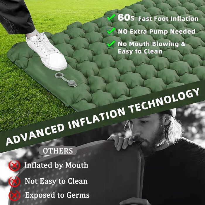 Каретка самонадувна туристична ізомат з подушкою, вологостійка та легка для кемпінгу та подорожей (зелена)