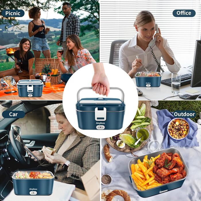 100W Heated Lunchbox Portable Electric Lunchbox 1.8L 3-in-1 12V/24V/220V for Car/Truck/Office/Home Electric Food Container with Fork & Spoon