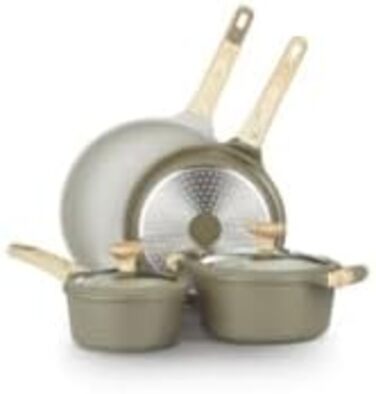 Набір посуду KASANOVA Bambù з антипригарним покриттям, 6 предметів (зелений/кремовий), для індукційних плит, з кришками зі скла