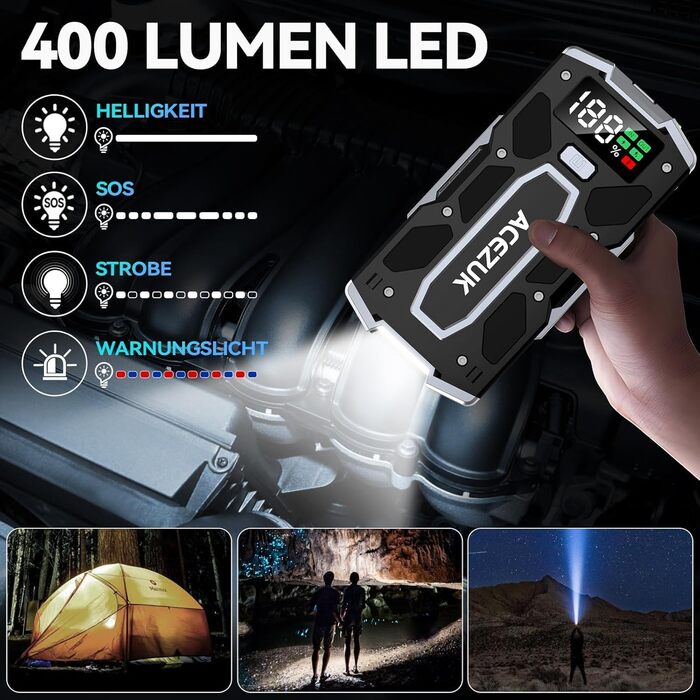 Портативний зарядний пристрій Starthilfe Powerbank 6000A для автомобіля: 7.0л бензин, 5.5л дизель, LED ліхтарик, великий екран (Чорний)