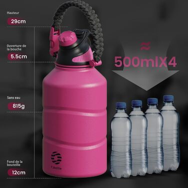 Fjbottle Stainless Steel Water Bottle 1900ML with Magnetic Lid, BPA FREE, Leak-Proof, Double-Walled Thermo Metal Bottle - Suitable for Carbonated Drinks, Sports Water Bottle for University, Fitness, Camping, Outdoor (Magenta)