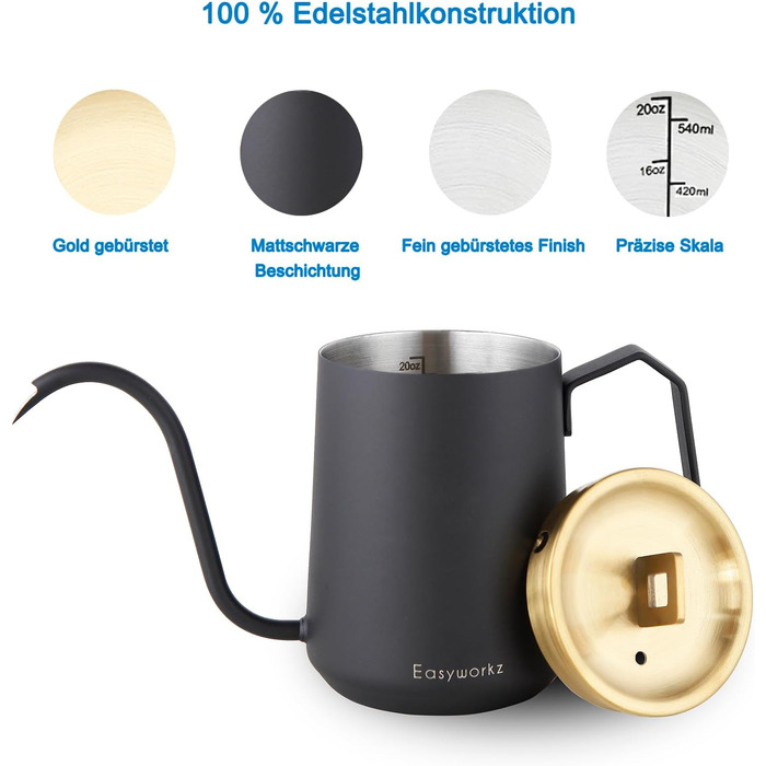 Easyworkz Swan Neck Pouring Kettle 600ml Stainless Steel Hand Drip Coffee Pot with Long Narrow Spout, Brushed Gold Black