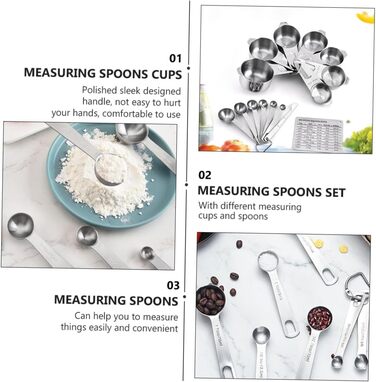 15-Piece Measuring Spoon Conversion Chart Multi-Purpose Scoop Portable Kitchen Gadgets Measuring Cup Mini-Scoop Portable Rice Spoon Espresso Spoon Kitchenware Silver Stainless Steel