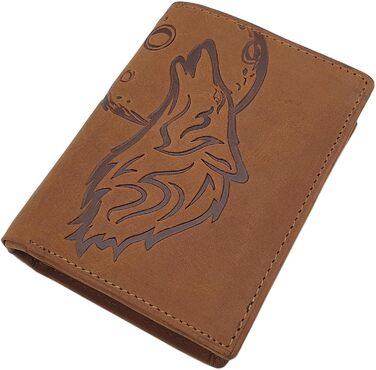 myledershop Genuine Buffalo Leather Wallet/Bifold/Cardholder/Money Clip in Portrait or Landscape Orientation with Wolf Motif and RFID & NFC Protection (Model 1 / Portrait/Cognac)