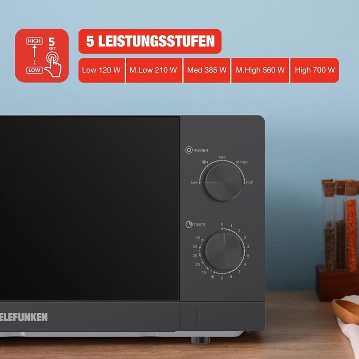 Мікрохвильова піч Telefunken Solo, 20 л, 700 Вт, 5 рівнів потужності, чорна