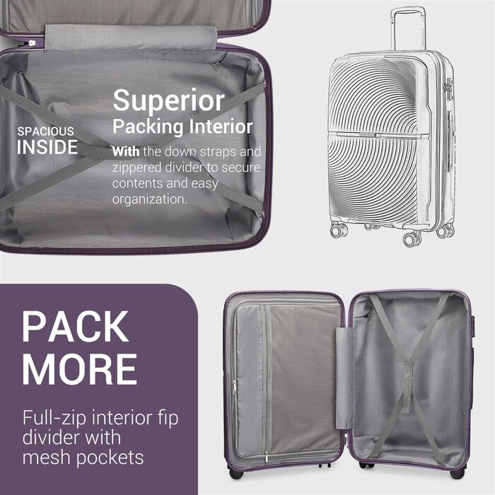 Набір валіз British Traveller Hartschalenkoffer Set: жорсткий корпус, TSA-замок, 8 коліщаток, 100% PP, ручна поклажа (фіолетовий, M)