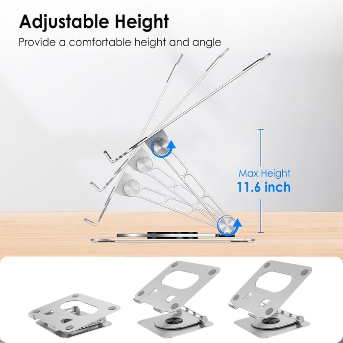 Підставка для ноутбука на стіл, 360° обертання, регульована, складна, з алюмінію, сумісна з MacBook Air Pro, HP Notebook (10–17,3 дюймів), обертова, срібна