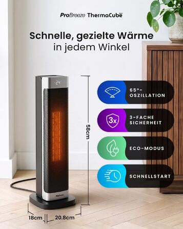 Керамічний тепловентилятор-тумба Pro Breeze ThermaCube Plus 2200W з термостатом, дистанційним керуванням та функцією обертання 65°, Eco-режим, захист від перекидання