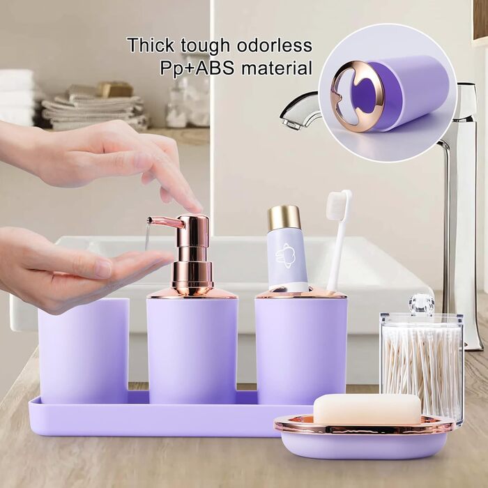 9-Piece Bathroom Accessories Set – Trash Can, Soap Dispenser Set, Soap Dish, Toilet Brush with Holder, Toothbrush Holder, Cup, Tray, Cotton Swab Holder, (Violet Bathroom Set + Shower Curtain + Rugs)