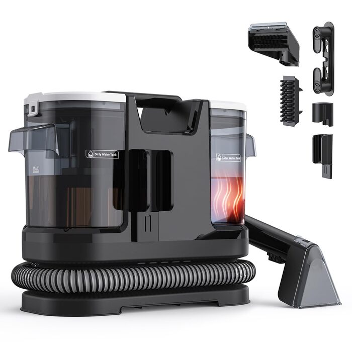 Портативний мийний пилосос для м'яких меблів Lubluelu 600 Вт, 18 кПа, з функцією самоочищення та підігрівом, для килимів, диванів та авто (чорний)