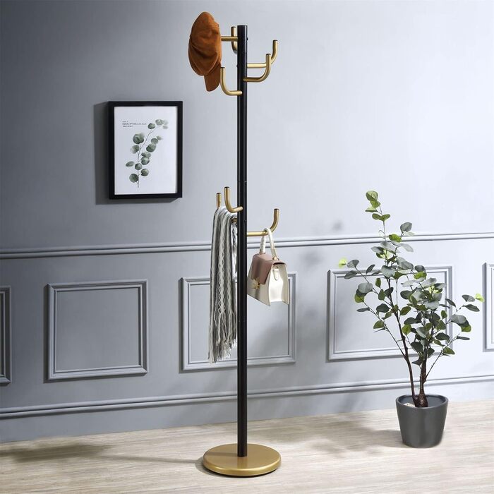 IDIMEX Clothes Rack Mila made of metal, a practical coat rack with 8 hooks. Timeless hat stand with a round base (Black/Gold)
