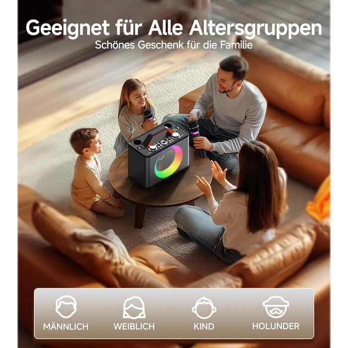 Караоке машина з 2 бездротовими мікрофонами RGB – 5200 mAh, 10 RGB-режимів, незалежне керування, 13 годин відтворення, Hi-Fi звук, підтримка AUX/USB/TF-карт/Coax, чорний