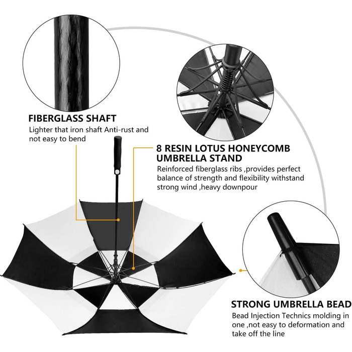 Стійкий до вітру парасолька-тростина XL/XXL, автоматичний, з подвійним вентиляційним отвором - високоякісний парасолька для жінок та чоловіків, ідеальний як гольф-парасолька (чорний/білий, 62 дюйми/157 см)