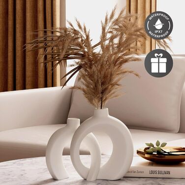 White Ceramic Donut Vase Set for Pampas & Dried Flowers - Modern Boho Home Decor
